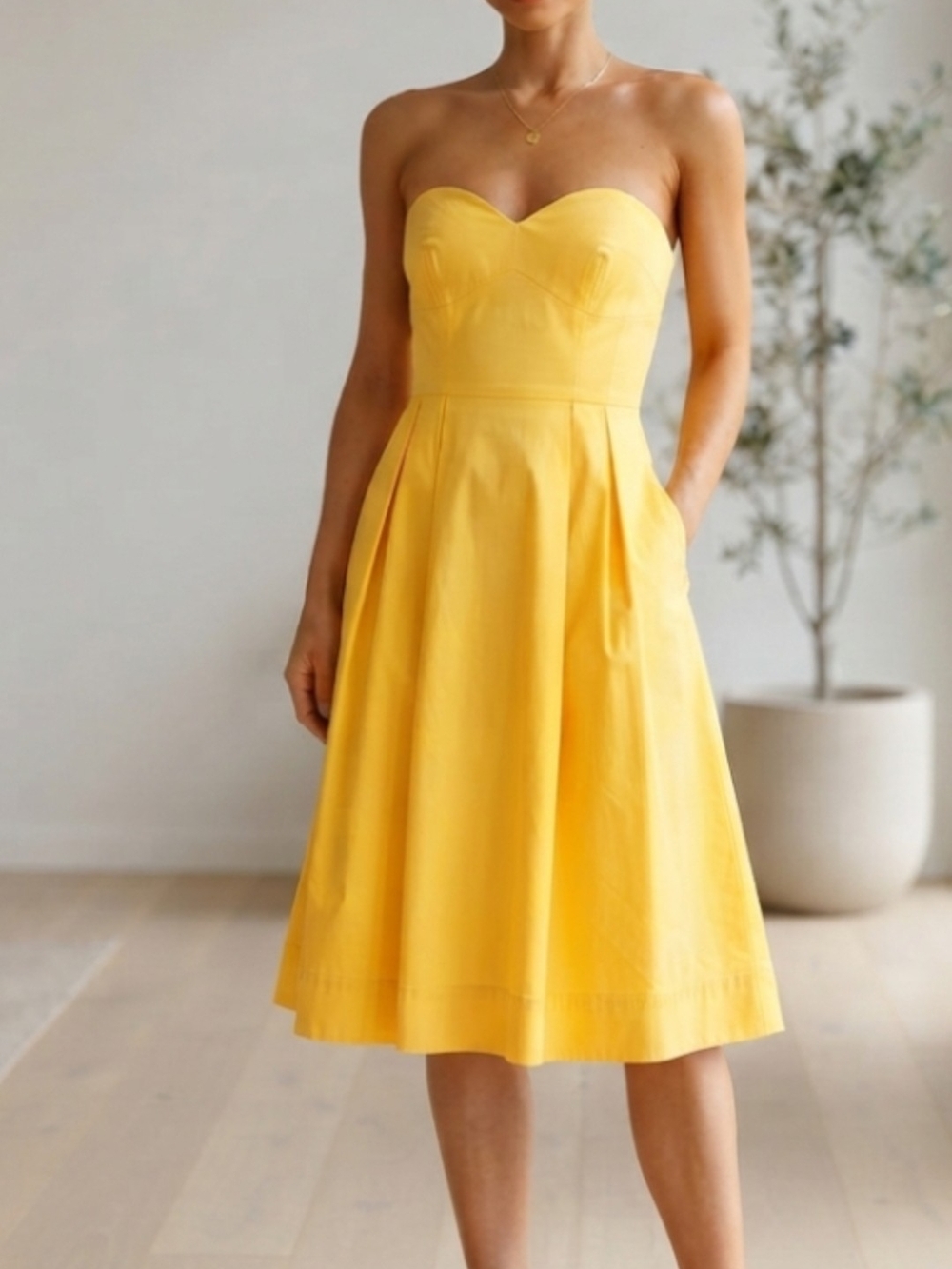 Calvin Klein Bright Yellow Strapless Fit & Flare Pocket Dress SZ XS